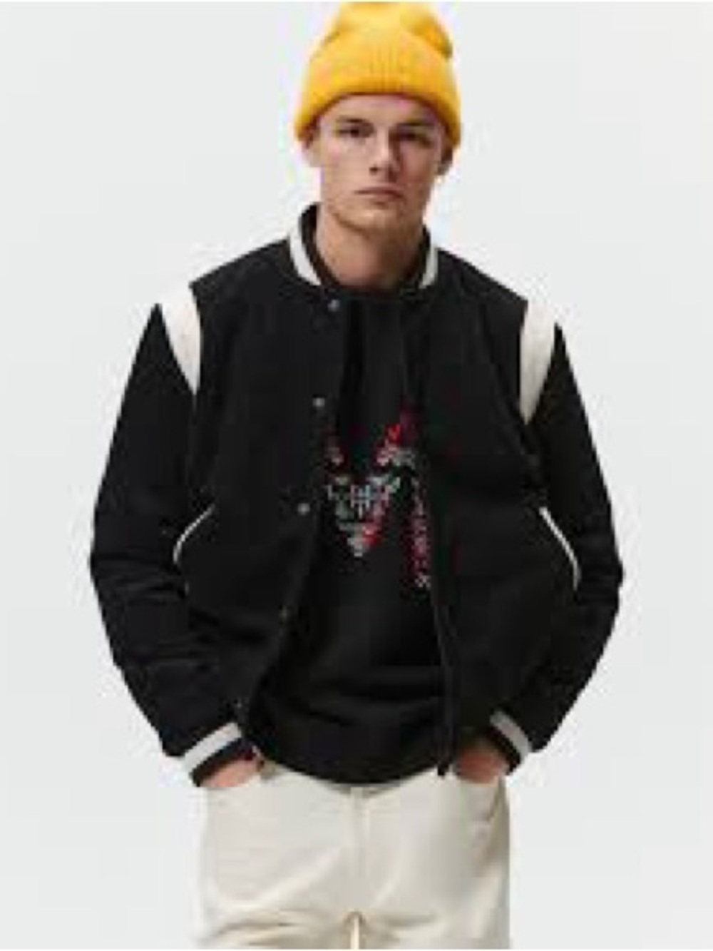 Zara Men’s Corduroy Varsity Bomber Jacket Black White Size L